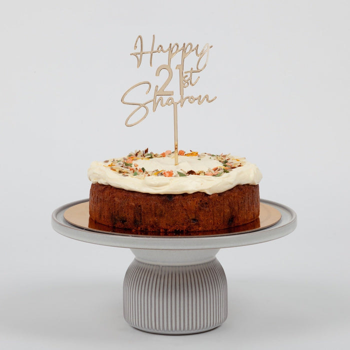 CARROT CAKE GF FRONT WITH GOLD MIRROT CUSTOM CAKE TOPPER